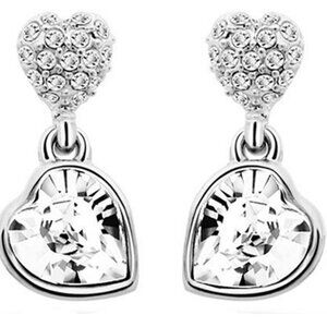 Sterling Silver Double Heart Dangle Earrings Clear Crystals